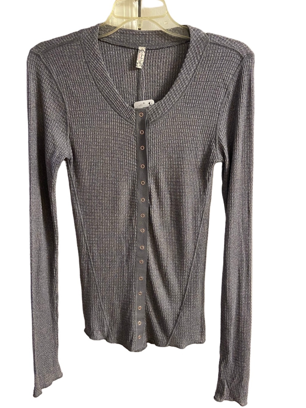 Free People Intimately Grey Thermal Snap Button Long Sleeve Henley Top Large NWT